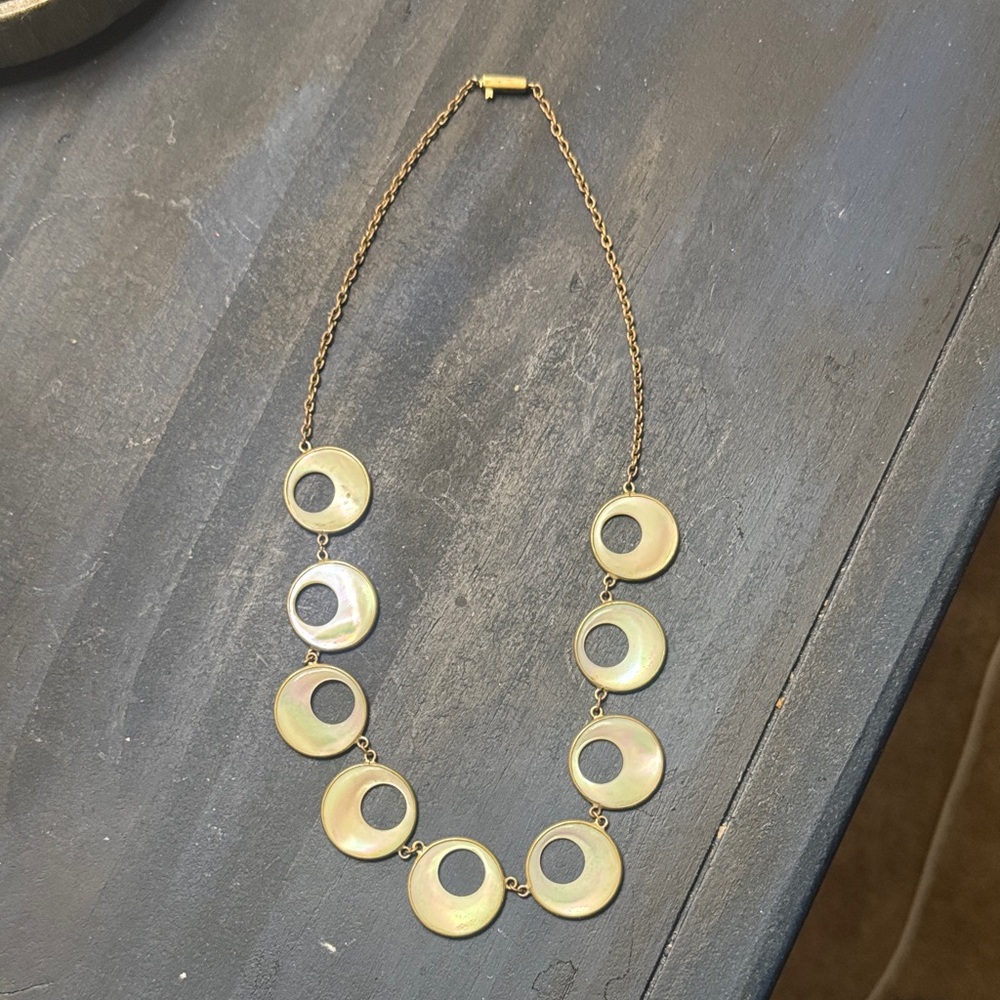 Vintage Mother-of-Pearl Necklace with Circular Motifs and a Gold-Tone Chain